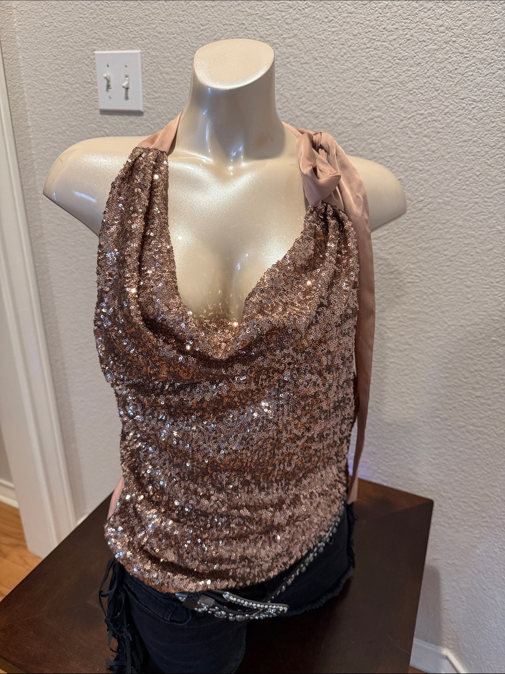 Ann Taylor Rose Gold Sequin Halter Cowl Top